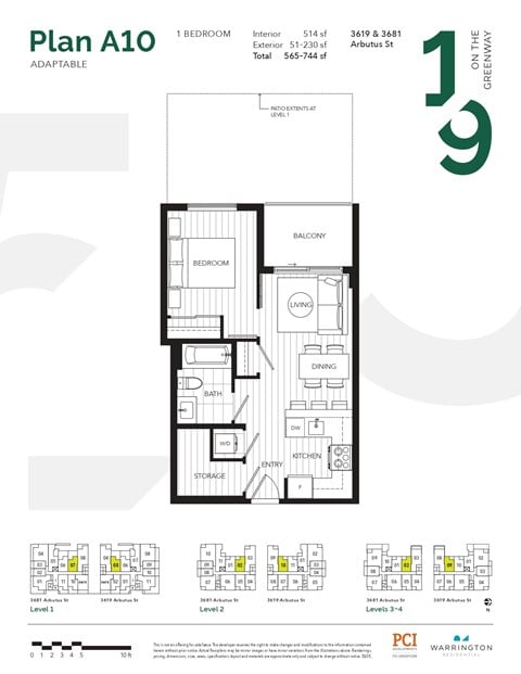 Floor plan for 1 bed, 1 bath, 514 sqft